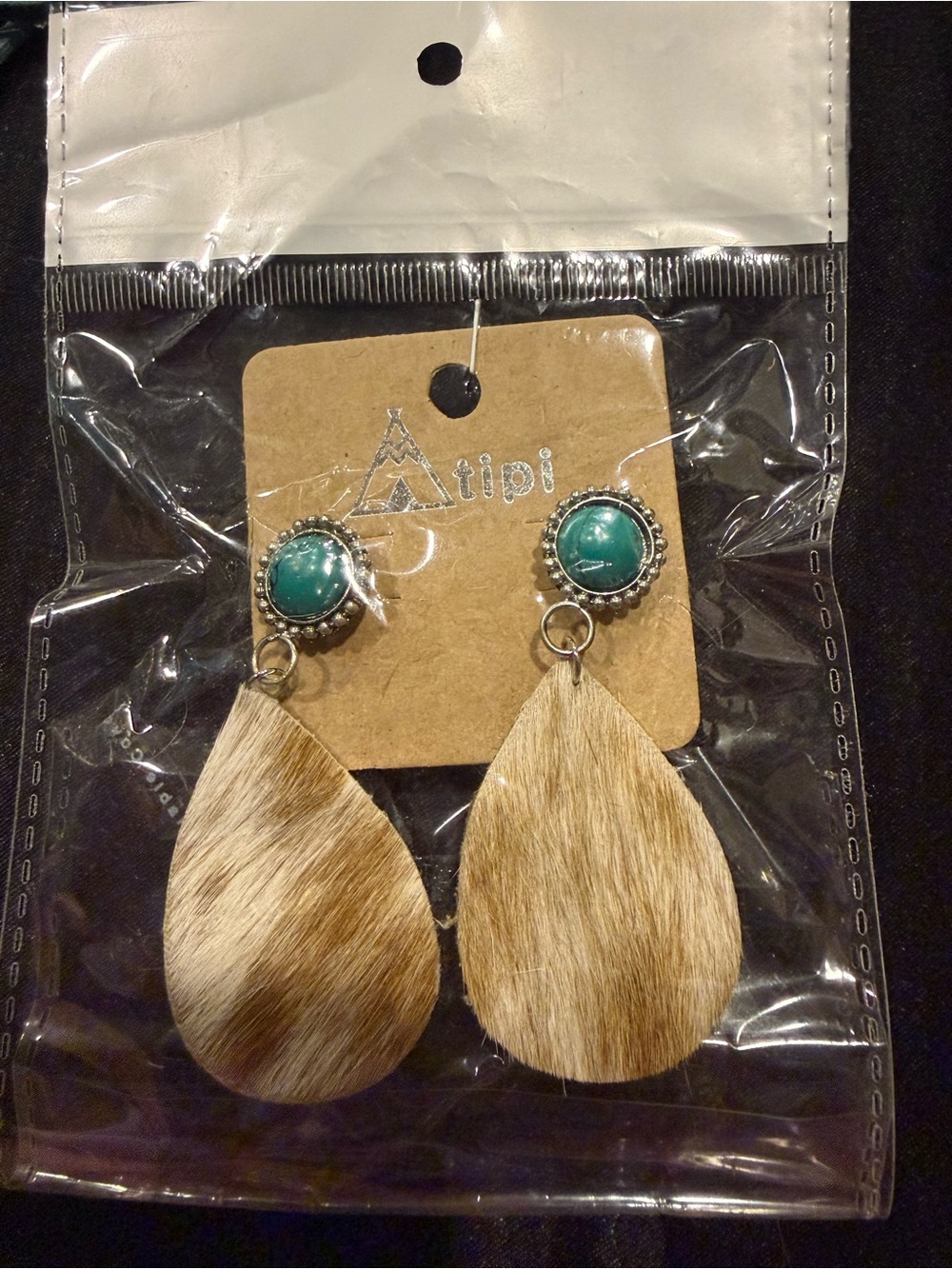 Teardrop faux cowhide Earrings with faux Turquoise Stone